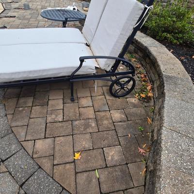 LOT 285: Four Single and One Double Metal Lounge Chairs with Cushions and Two Round Tables