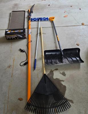LOT 289G: Snow Shovel, Pole Saw, Mini Electric Chain Saw, Yard Rake, and More