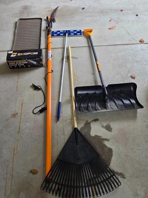 LOT 289G: Snow Shovel, Pole Saw, Mini Electric Chain Saw, Yard Rake, and More