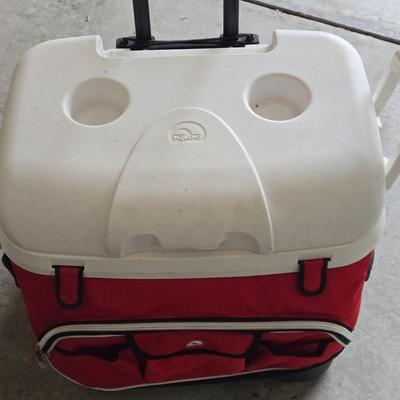 LOT 291G: Giant Tumble Tower Stacking Game, Igloo Cooler with Wheels and Handle, and Small Soft Cooler