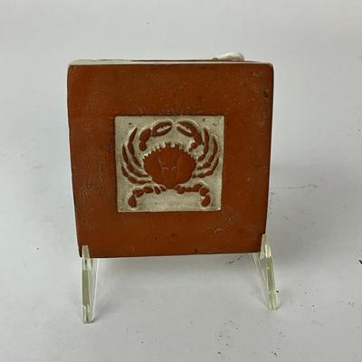 Sale Photo Thumbnail #1491: Brass shell dish, crab tile coaster, crab pin & hair pin, marble crab statue
Shell dish: 5" wide x 6" long
Tile: 3.5" high x 6" wide
Coaster: 4" square