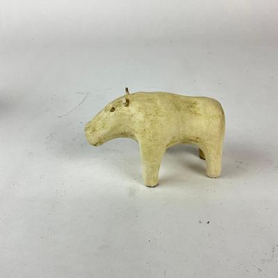 Sale Photo Thumbnail #1519: Hand-carved bunny pull toy, Stone Bear Figure & signed Studio Pottery Pig Bowl By Robert Maxwell
Bowl: 4.5" diameter x 4.5" high
Bear: 4" long x 2.25" high
Bunny: 5.5" long x 4.25" high
