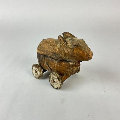 Sale Photo Thumbnail #1522: Hand-carved bunny pull toy, Stone Bear Figure & signed Studio Pottery Pig Bowl By Robert Maxwell
Bowl: 4.5" diameter x 4.5" high
Bear: 4" long x 2.25" high
Bunny: 5.5" long x 4.25" high