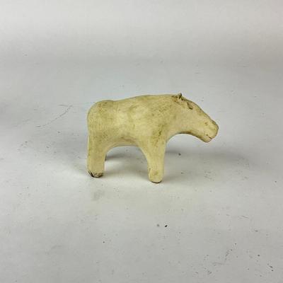 Sale Photo Thumbnail #1518: Hand-carved bunny pull toy, Stone Bear Figure & signed Studio Pottery Pig Bowl By Robert Maxwell
Bowl: 4.5" diameter x 4.5" high
Bear: 4" long x 2.25" high
Bunny: 5.5" long x 4.25" high