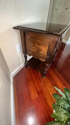NICE END TABLE WITH CABINET PLUS A LIVE PEACE LILY