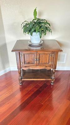 NICE END TABLE WITH CABINET PLUS A LIVE PEACE LILY