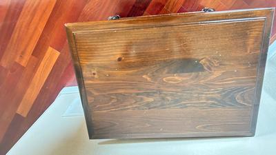 NICE END TABLE WITH CABINET PLUS A LIVE PEACE LILY