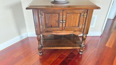 NICE END TABLE WITH CABINET PLUS A LIVE PEACE LILY