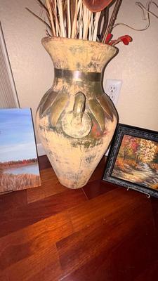DECORATIVE FLOOR VASE AND 2 SMALL PAINTINGS