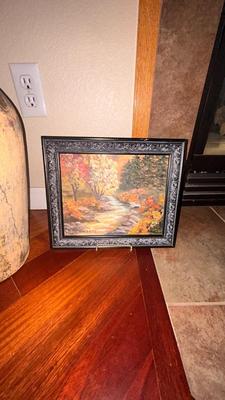 DECORATIVE FLOOR VASE AND 2 SMALL PAINTINGS