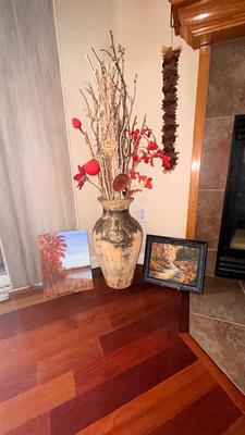 DECORATIVE FLOOR VASE AND 2 SMALL PAINTINGS