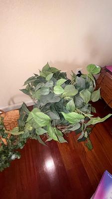 HEAVY WICKER BASKET AND PLANT STAND WITH FAUX PHILODENDRON