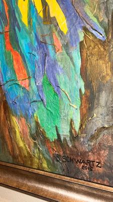 B. SCHWARTZ ABSTRACT PAINTING AND TIN ART WALL HANGING