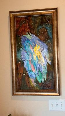 B. SCHWARTZ ABSTRACT PAINTING AND TIN ART WALL HANGING