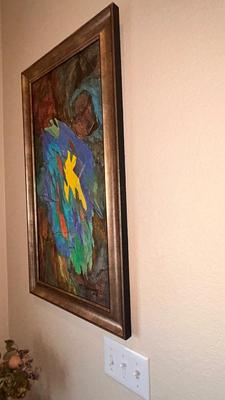 B. SCHWARTZ ABSTRACT PAINTING AND TIN ART WALL HANGING