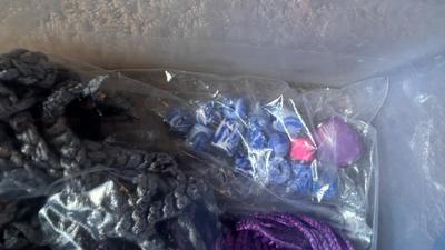 YARN, KNITTING NEEDLES, SCISSORS, BASKET AND TOTE