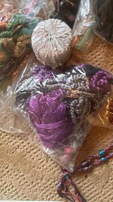 YARN, KNITTING NEEDLES, SCISSORS, BASKET AND TOTE