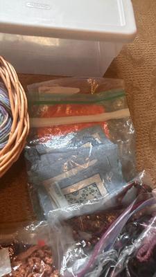 YARN, KNITTING NEEDLES, SCISSORS, BASKET AND TOTE