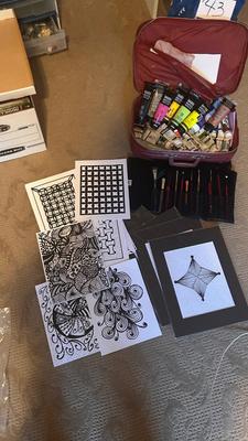 A CASE FULL OF ACRYLIC PAINT, BRUSHES & ART PAPER