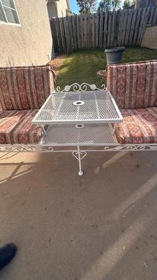 RETRO WROUGHT IRON PATIO SEAT FOR 2 WITH A SHARED TABLE