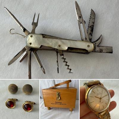 Gentlemen’s Accessories including Mother of Pearl Pocket Knife, Elgin Watch, & More (DR-HS)