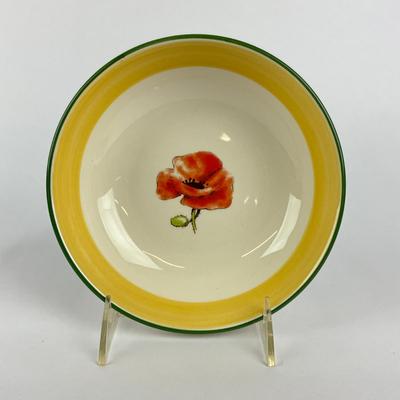 Sale Photo Thumbnail #1562: Single Red Poppy Flowers In The Center, Yellow Rim With Green Band
Each measure: 7" diameter x 2" high