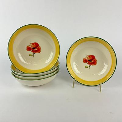 Sale Photo Thumbnail #1560: Single Red Poppy Flowers In The Center, Yellow Rim With Green Band
Each measure: 7" diameter x 2" high