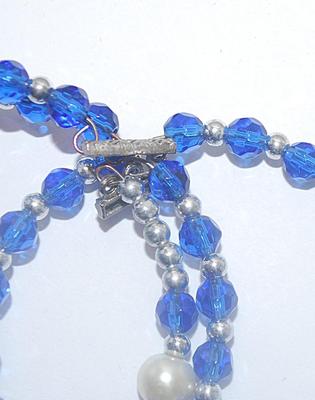 Blue & Silver Colored BEADS BRACELET (2" Opening) with 4 Faux Pearl Accents and 3 Strands with Spring Opening