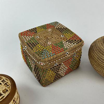 Sale Photo Thumbnail #1582: Square colorful beaded basket, quill made turtle motif basket, Russian Birch Box Trinket Box, Round Hand-made Basket