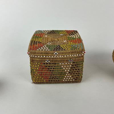 Sale Photo Thumbnail #1581: Square colorful beaded basket, quill made turtle motif basket, Russian Birch Box Trinket Box, Round Hand-made Basket
