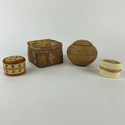 Sale Photo Thumbnail #1574: Square colorful beaded basket, quill made turtle motif basket, Russian Birch Box Trinket Box, Round Hand-made Basket