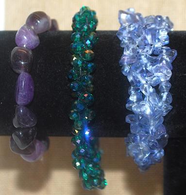 Collection of 3 Colored BRACELETS - Purple & Blue are Elastic (2") and Green is 3½" Opening