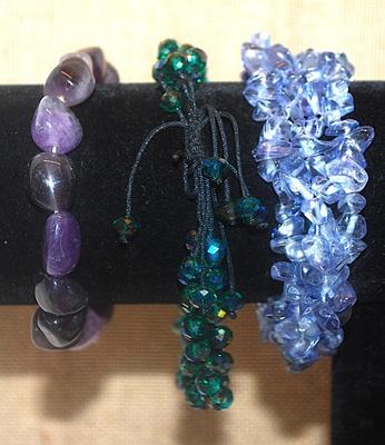 Collection of 3 Colored BRACELETS - Purple & Blue are Elastic (2") and Green is 3½" Opening