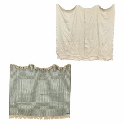 Sale Photo Thumbnail #1710: One is a cream colored blanket, made in USA. one is a Pendleton blanket, Made By Pendleton Hill (Has few stain spots and one hole)
Pendleton blanket: 61" wide x 49" high
Cream blanket: 77" wide x 72" high