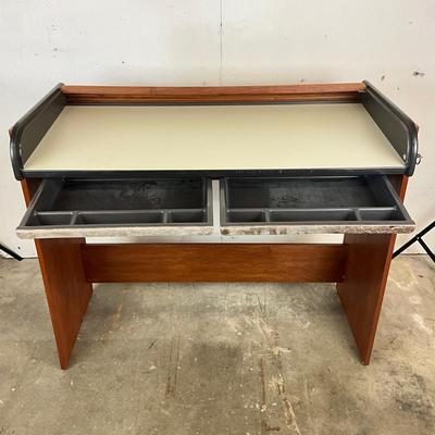 Sale Photo Thumbnail #1733: Drawers are sun faded, break/crack on accordion top, refer to photos
Roll top desk: 50" wide x 25" deep x 41" high