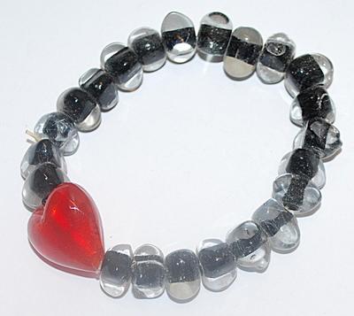 Large RED HEART Elastic BRACELET (2½" to 3¾" Opening) with Black & Clear Triangle Shaped Stone Accents