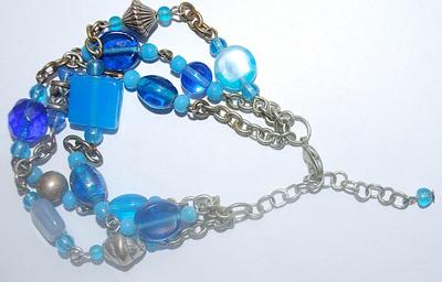 Triple Strands Blue Stones BRACELET (2½" Opening) with Silver Tone Accents and Lobster Clasp