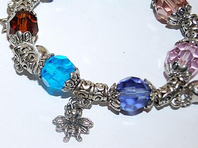 Multicolor Elastic CHARMS BRACELET (2" to 4" Opening) with Stars, Fish, Bells and Butterfly Dangles and Bead Caps