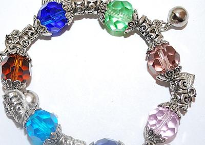 Multicolor Elastic CHARMS BRACELET (2" to 4" Opening) with Stars, Fish, Bells and Butterfly Dangles and Bead Caps