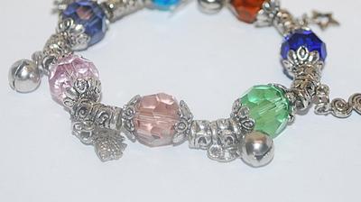 Multicolor Elastic CHARMS BRACELET (2" to 4" Opening) with Stars, Fish, Bells and Butterfly Dangles and Bead Caps