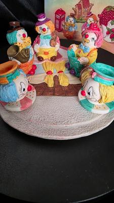 Vintage Miniature Clown Musician Tea Set – Five-Piece Circus Band Display with Original Box