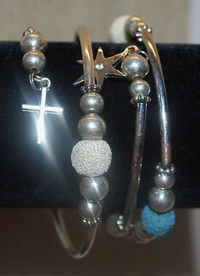 Triple Strands Silver Tone Band WRAP-AROUND "CROSS & STAR" BRACELET (2"+ Opening) with Foam Style Beads and Lots of...
