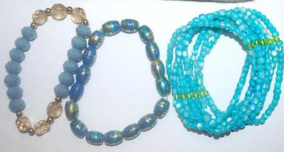 Collection of 3 Elastic BRACELETS (2½" + Opening) with Blue, Gray and Green & Gold Bead Colors