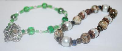 Collection of 2 BRACELETS (2¾"+ Opening) - Green Has HEART Style Decorative Toggle Clasp; Elastic Brown and Faux Pearl Globes