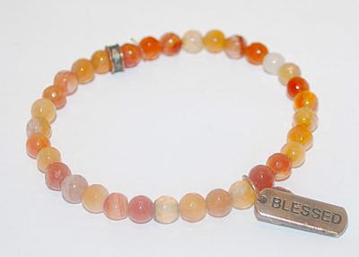 Orange & Amber Bead Elastic BRACELET (2¾"+ Opening) with Brass Colored Heart and "Blessed" Accents