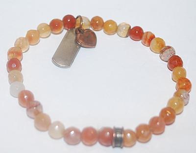 Orange & Amber Bead Elastic BRACELET (2¾"+ Opening) with Brass Colored Heart and "Blessed" Accents