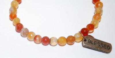 Orange & Amber Bead Elastic BRACELET (2¾"+ Opening) with Brass Colored Heart and "Blessed" Accents