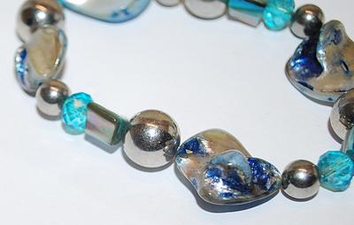 Blue & White Mother-of-Pearl Style Stones Elastic BRACELET (3"+ Opening) with Silver Tone Globe Accents
