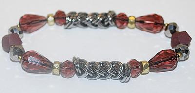 Purple Bead Elastic BRACELET (3"+ Opening) with Double "TWISTED RINGS" Band Accents