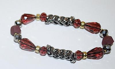 Purple Bead Elastic BRACELET (3"+ Opening) with Double "TWISTED RINGS" Band Accents